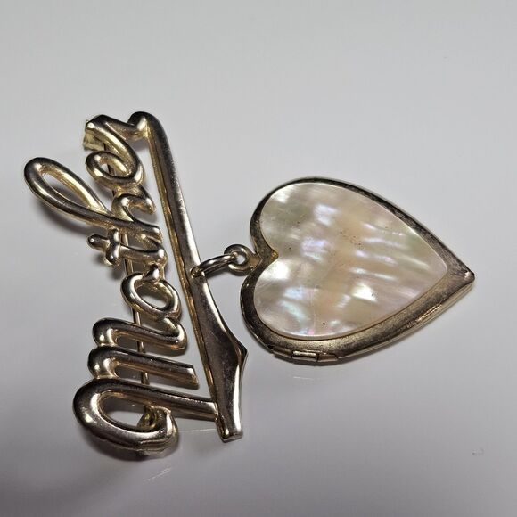Vintage Gold Tone Mother Pin With Dangling Heart Locket MOP Brooch - Picture 9 of 10